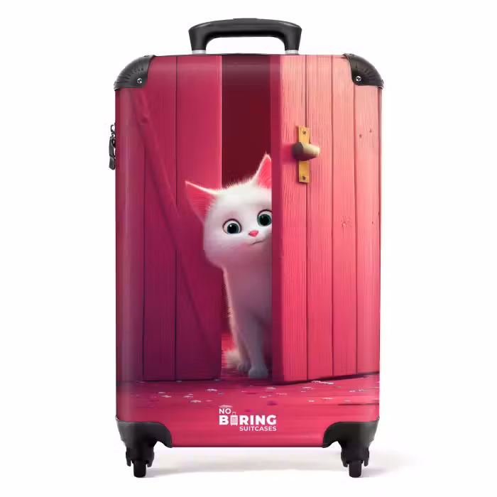 Suitcase - White cat peeks through pink door