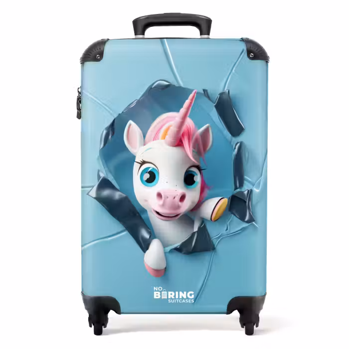 Suitcase - White unicorn comes through blue plastic