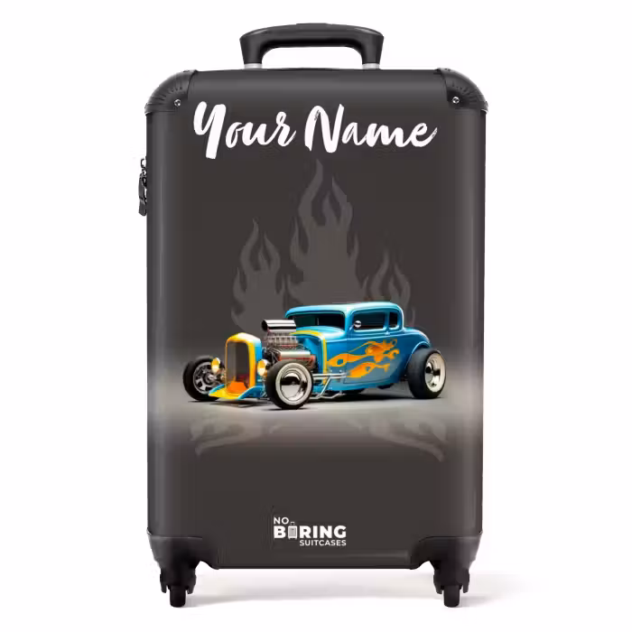 Suitcase with name - Blue car with gray flames
