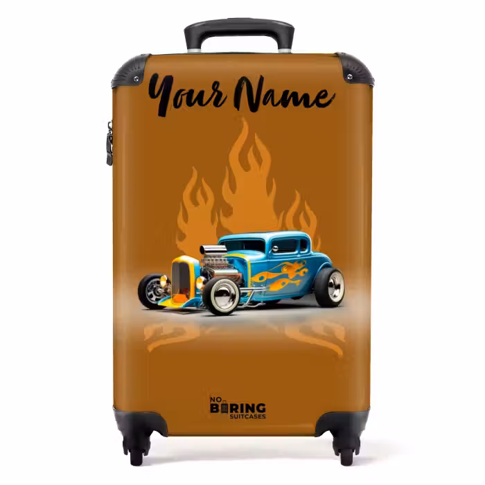 Suitcase with name - Blue car with yellow flames