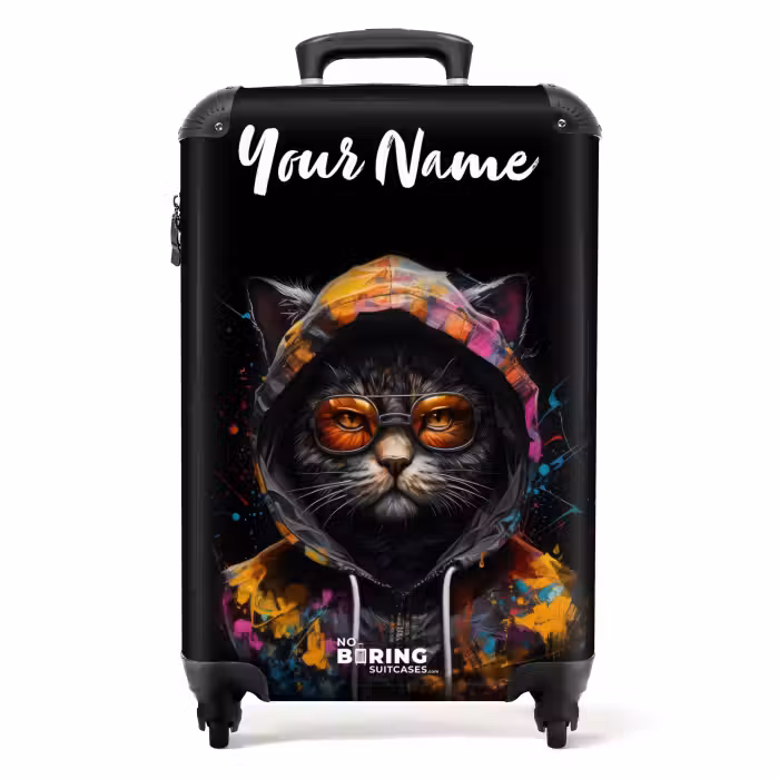 Suitcase with name - Cat with Colorful Vest and Orange Glasses