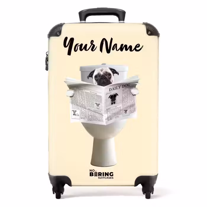 Suitcase with name - Doggie Reads the Newspaper