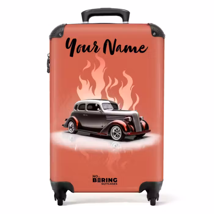 Suitcase with name - Gray car with pink flames