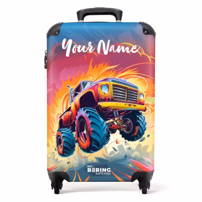 Suitcase with name - Pink Monster Truck Flies Over the Tarmac