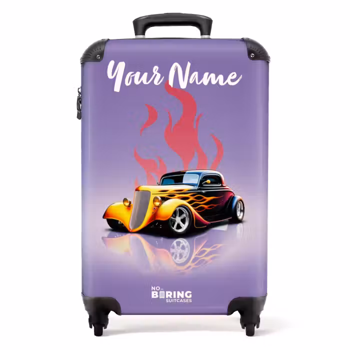 Suitcase with name - Yellow car with pink flames