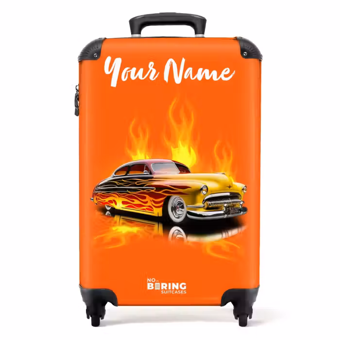 Suitcase with name - Yellow car with yellow flames