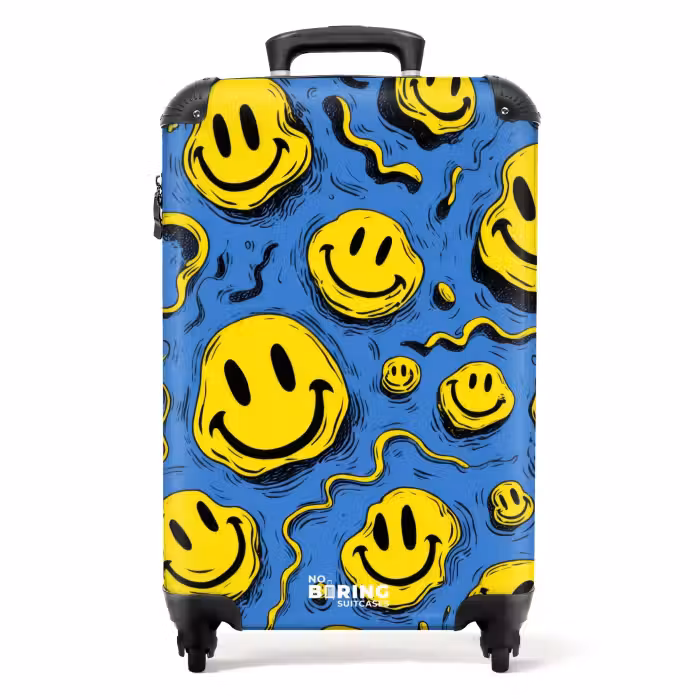 Suitcase - Yellow squiggly smiley faces on a blue background