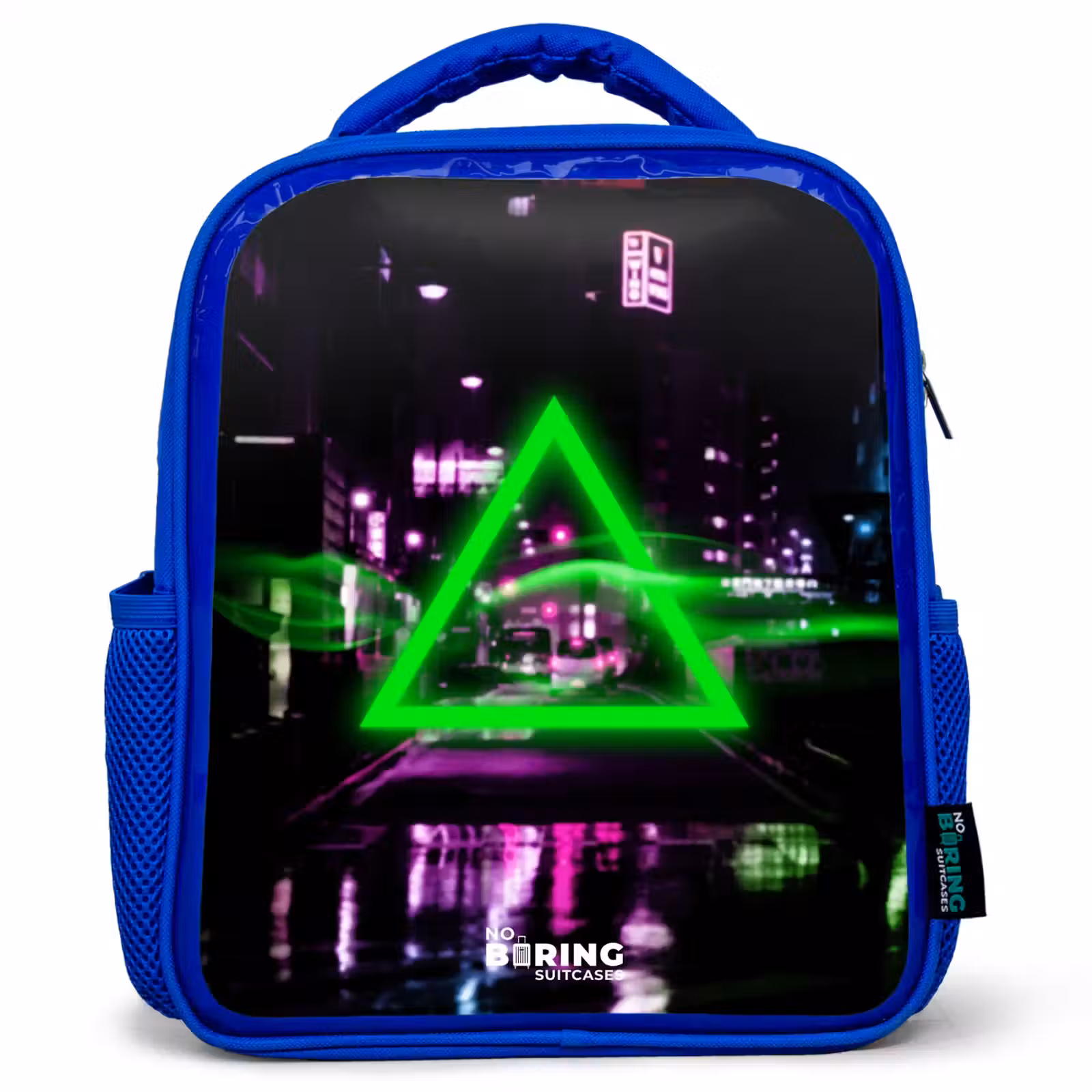 Kids backpack - Blue - Bright green triangle over a city street — 1