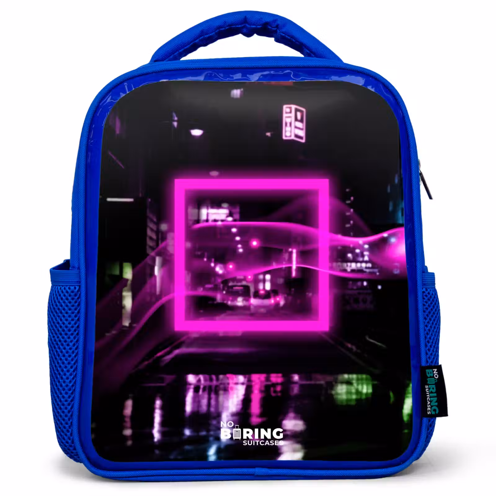 Kids backpack - Blue - Bright pink square above a wet street — 1