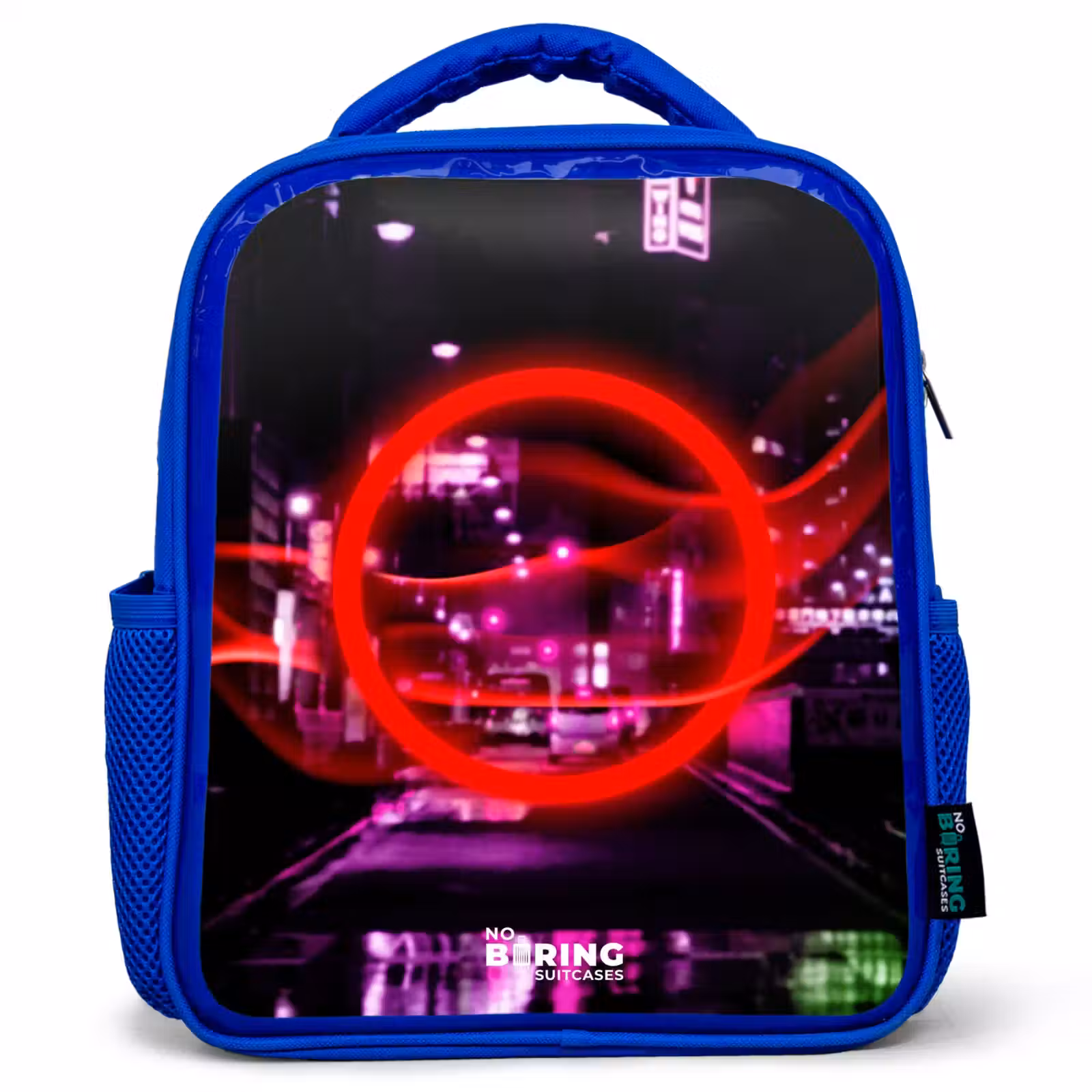Kids backpack - Blue - Bright red circle over a neon-lit city — 1