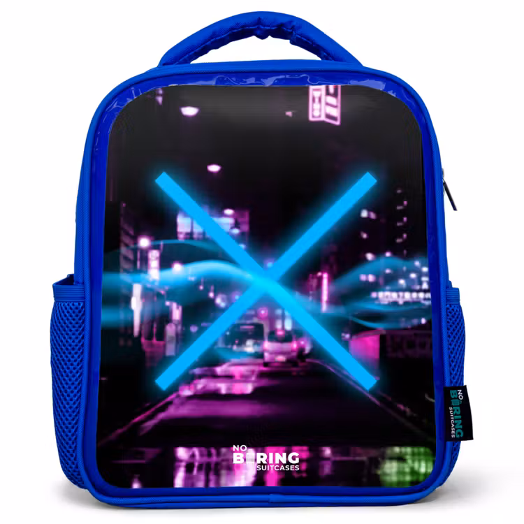 Kids backpack - Blue - Bright blue cross over a nighttime street — 1