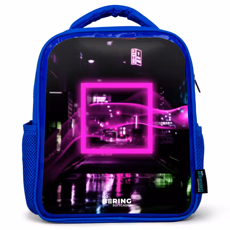 Kids backpack - Blue - Bright pink square above a wet street — 1