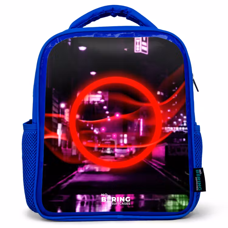 Kids backpack - Blue - Bright red circle over a neon-lit city — 1