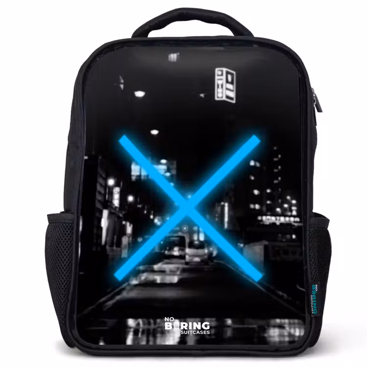 Kids backpack - Black - Bright blue cross in a night scene — 1