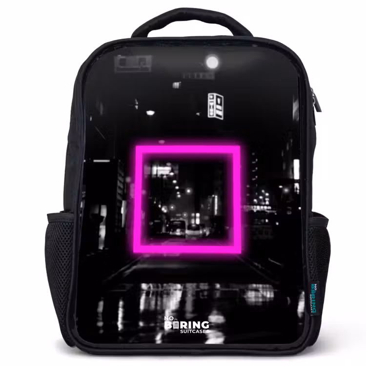 Kids backpack - Black - Bright pink square with backlit background — 1