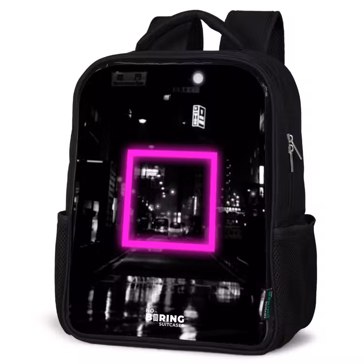 Kids backpack - Black - Bright pink square with backlit background — 4