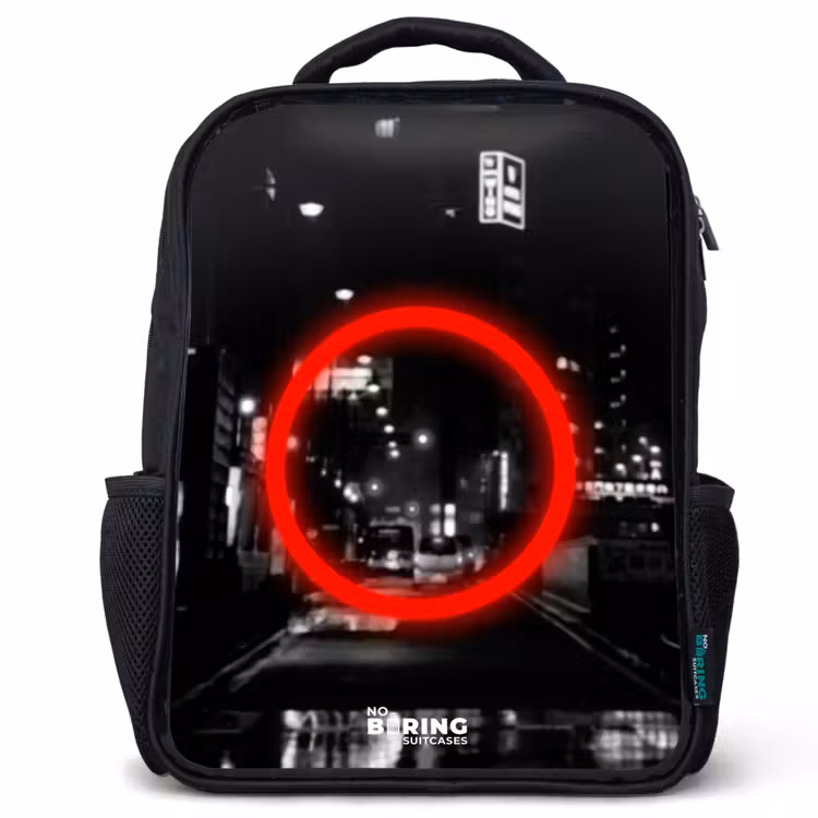 Kids backpack - Black - Bright red circle over a city street — 1