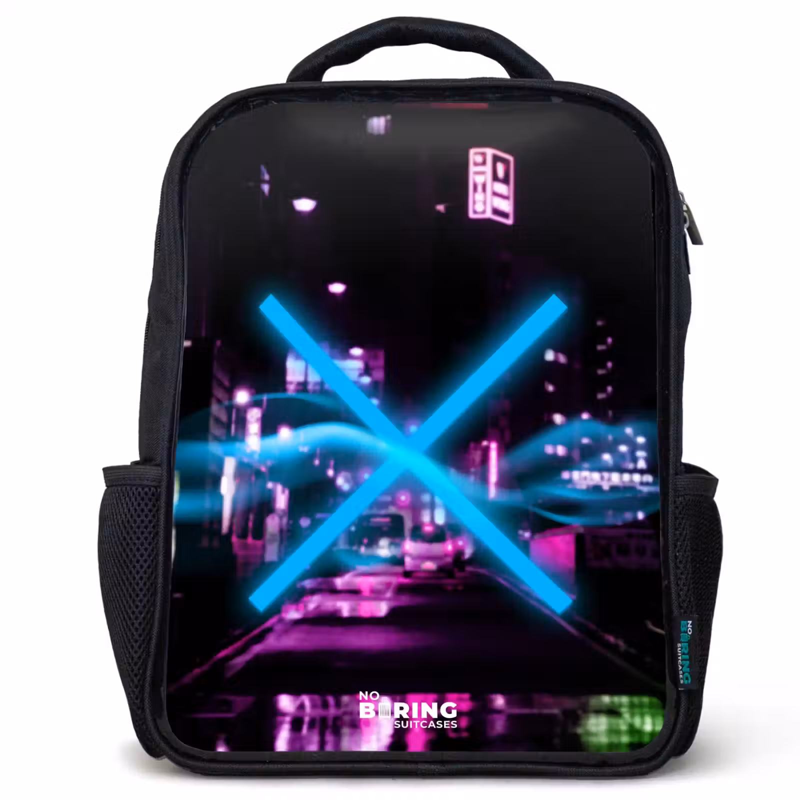 Kids backpack - Black - Bright blue cross over a nighttime street — 1