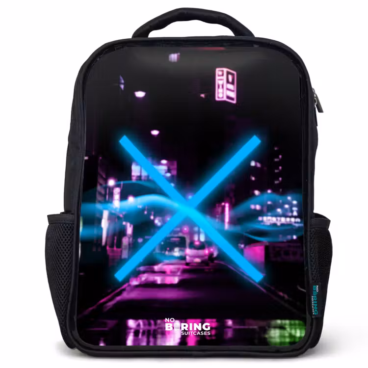 Kids backpack - Black - Bright blue cross over a nighttime street — 1