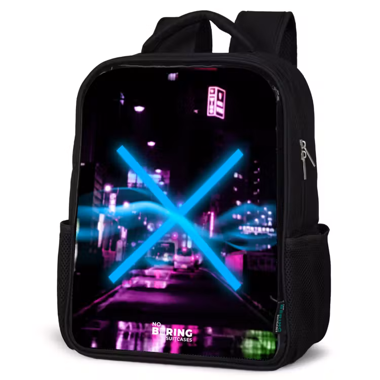 Kids backpack - Black - Bright blue cross over a nighttime street — 4