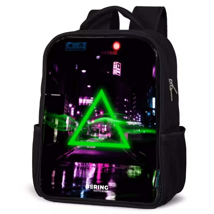 Kids backpack - Black - Bright green triangle over a city street — 4