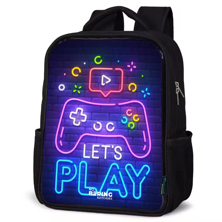 Kids backpack - Black - Neon controller against a brick wall — 4
