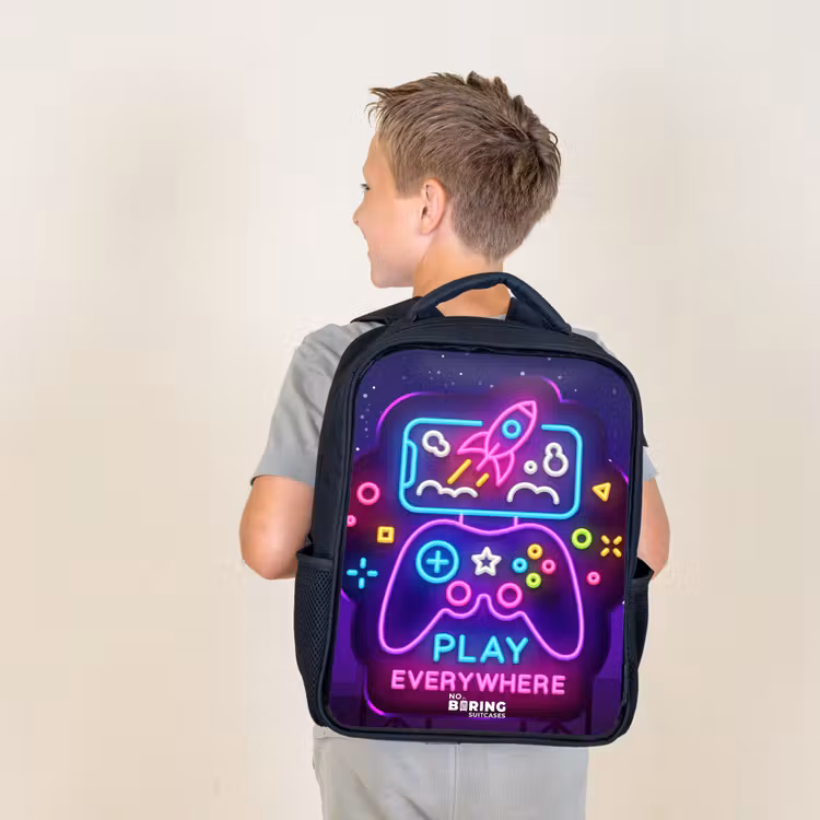 Kids backpack - Black - Neon illustration with a controller — 2
