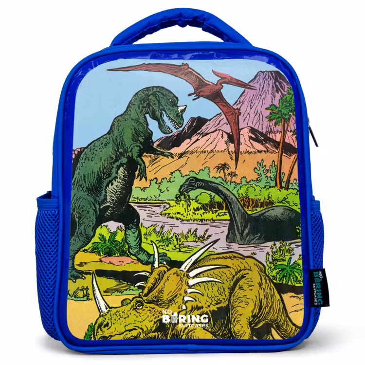 Kids backpack - Blue - Dinos at a volcano — 1