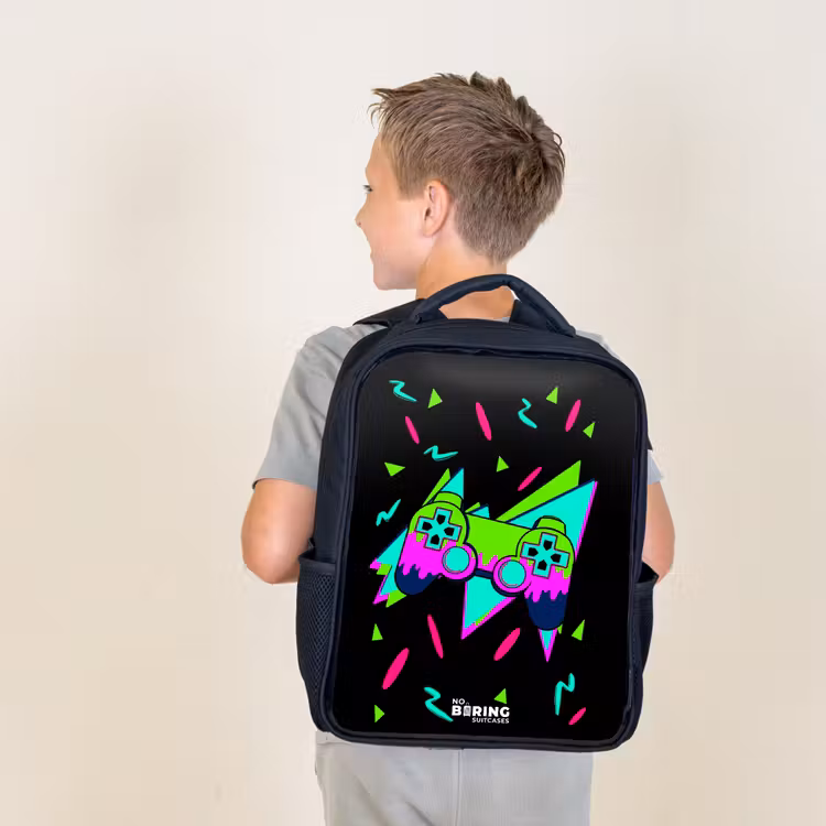 Kids backpack - Black - Neon controller on black — 2