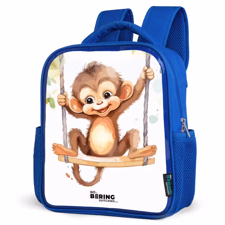 Kids backpack - Blue - Cheerful monkey on a swing illustration — 3