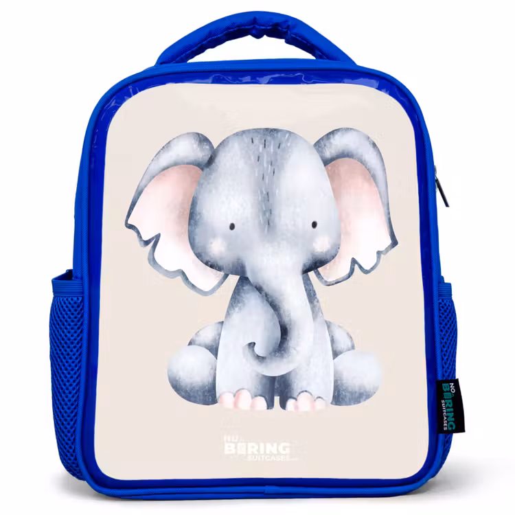 Kids backpack - Blue - Elephant drawing against a beige background — 1