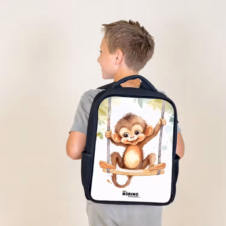 Kids backpack - Black - Cheerful monkey on a swing illustration — 2