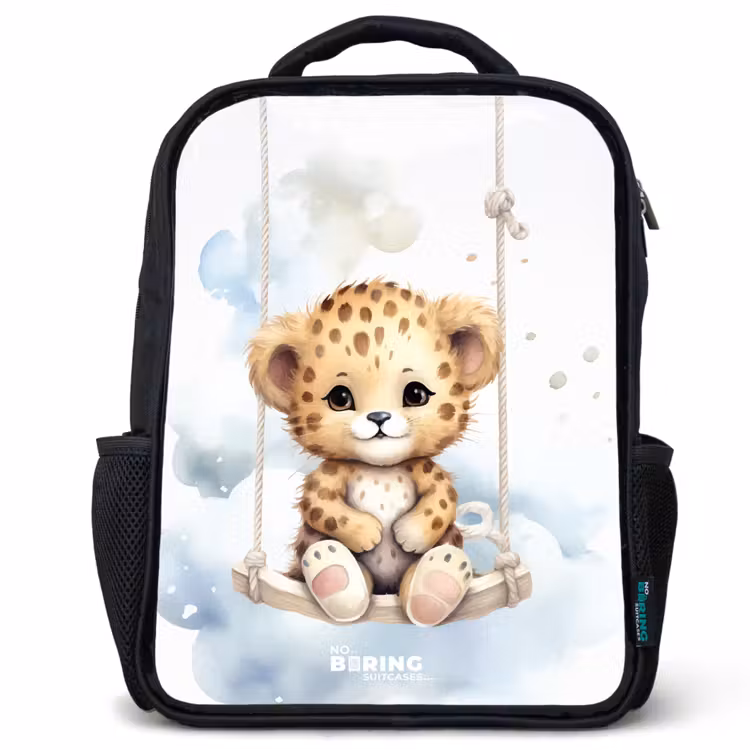 Kids backpack - Black - Cheetah cub on a swing in the clouds — 1