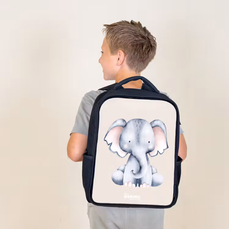 Kids backpack - Black - Elephant drawing against a beige background — 2