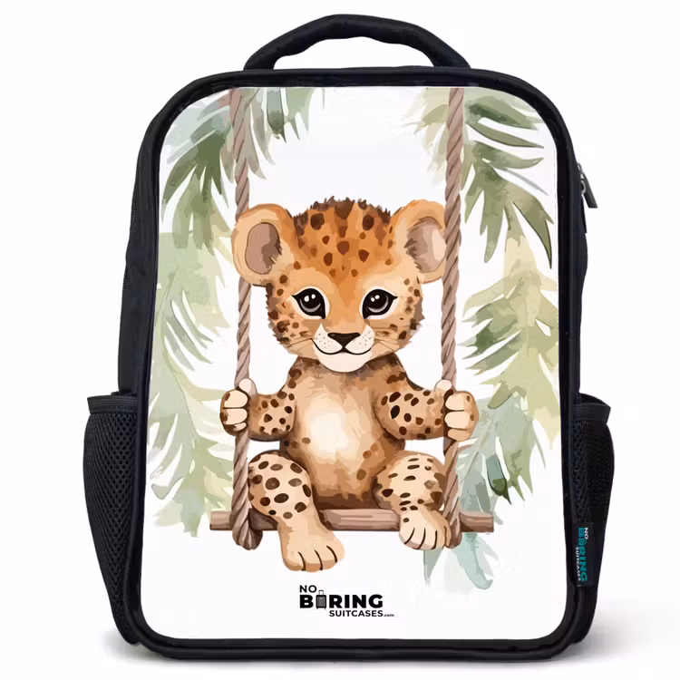 Kids backpack - Black - Leopard cub on a swing watercolor illustration — 1