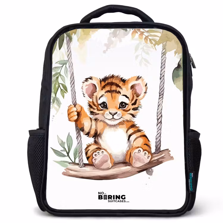 Kids backpack - Black - Rocking tiger cub watercolor drawing — 1