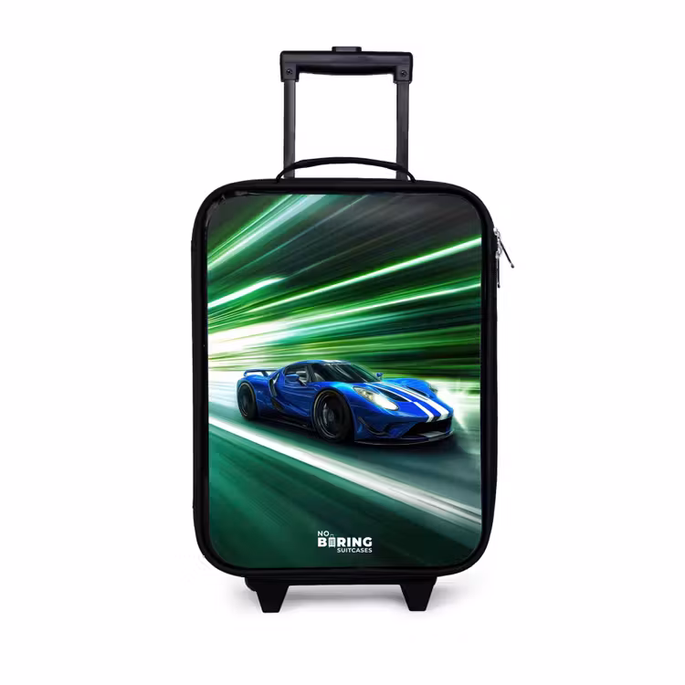 Children's suitcase - Blue race car with stripes in green tunnel — 1