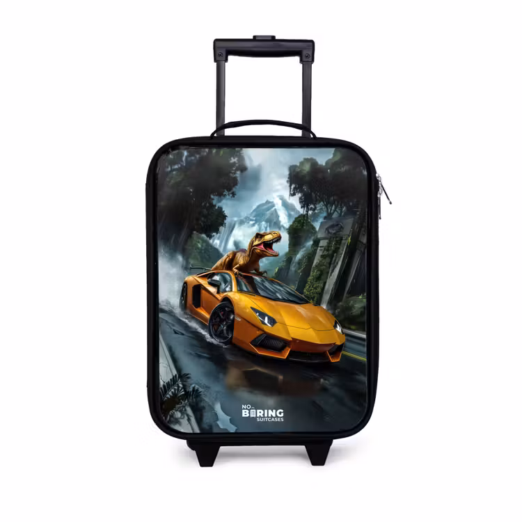 Children's suitcase - T-Rex on orange sports car in rainy forest — 1