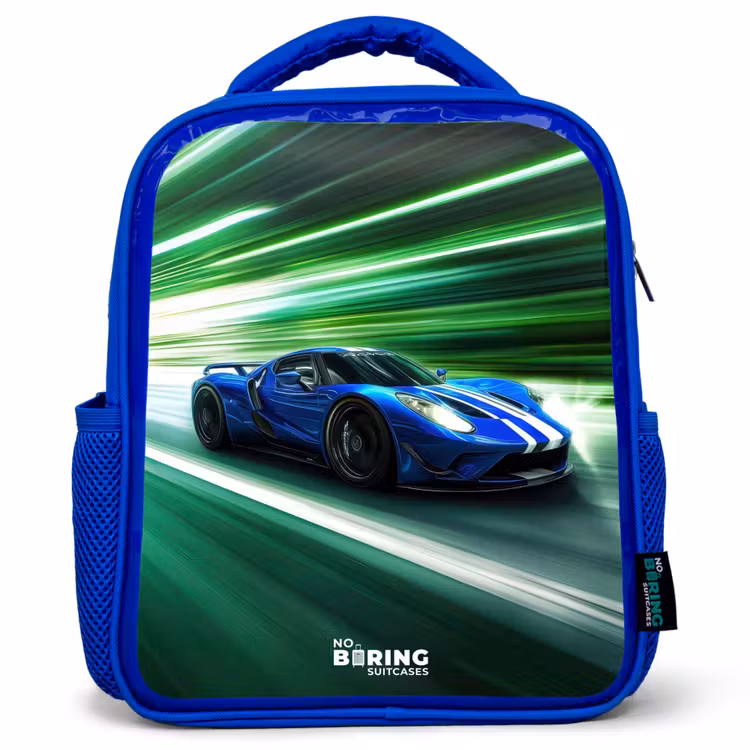Kids backpack - Blue - Blue race car with stripes in green tunnel — 1