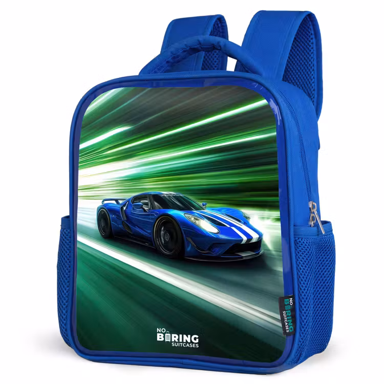Kids backpack - Blue - Blue race car with stripes in green tunnel — 3
