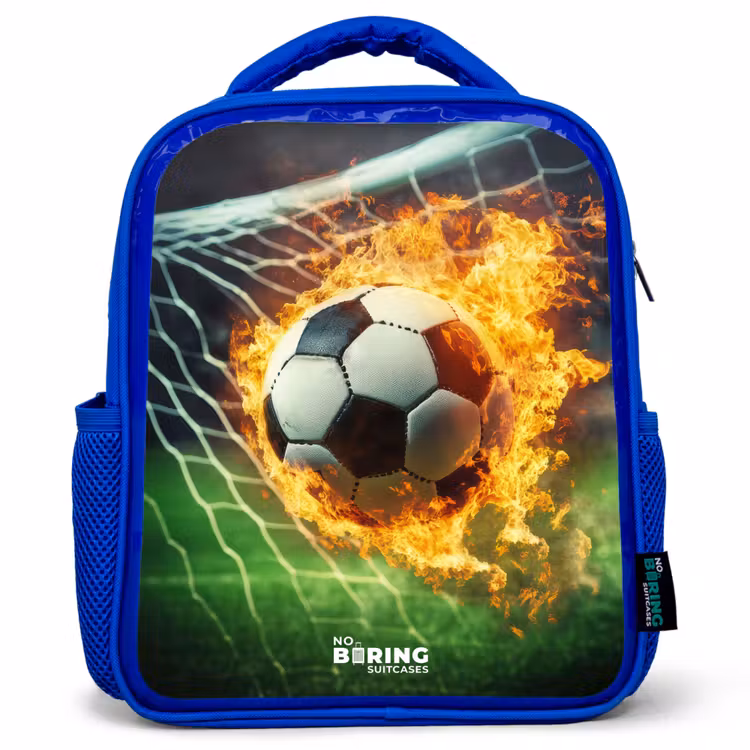 Kids backpack - Blue - Fire soccer captured in goal net — 1