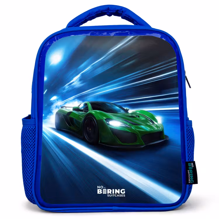 Kids backpack - Blue - Green supercar flashes through neon lights — 1