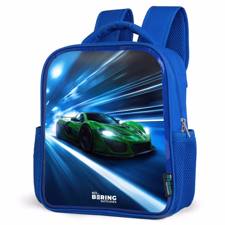 Kids backpack - Blue - Green supercar flashes through neon lights — 3