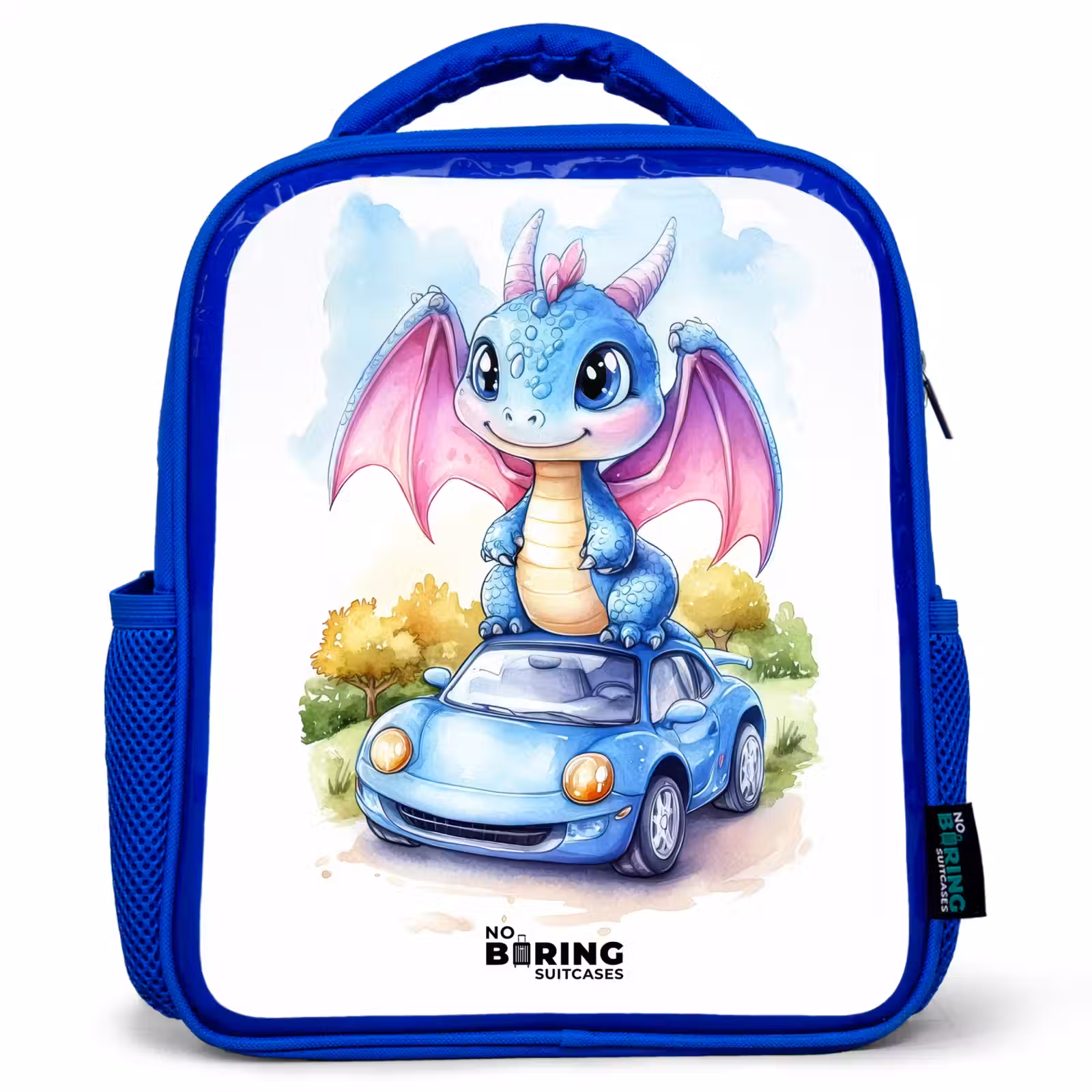 Kids backpack - Blue - Baby dragon on blue car in wooded landscape — 1