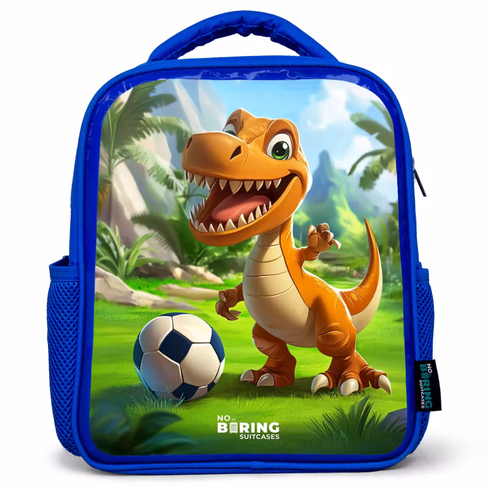 Kids backpack - Blue - Dino with a soccer in green landscape — 1