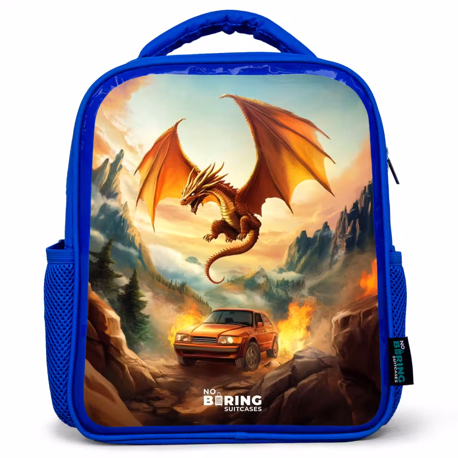 Kids backpack - Blue - Flying dragon over fiery mountain road — 1