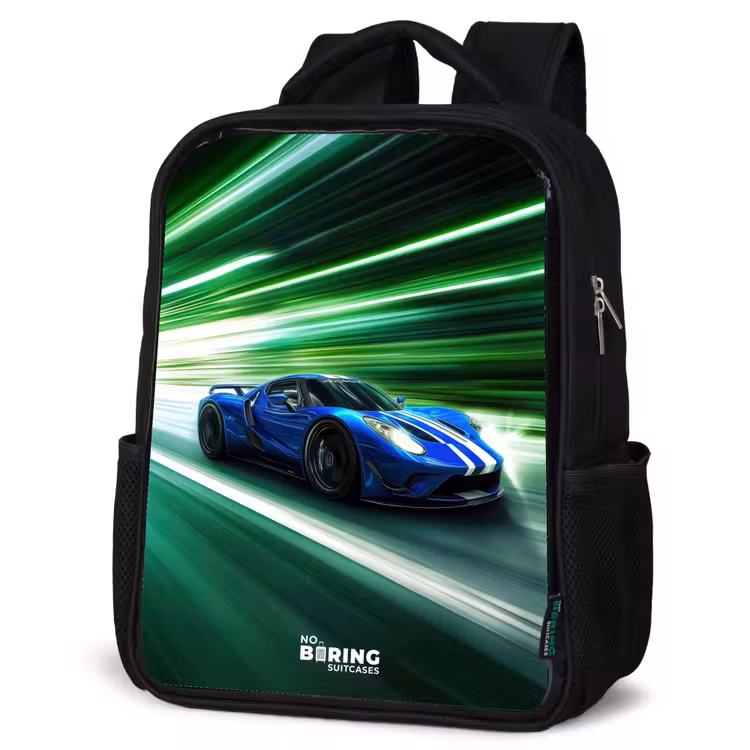 Kids backpack - Black - Blue race car with stripes in green tunnel — 4