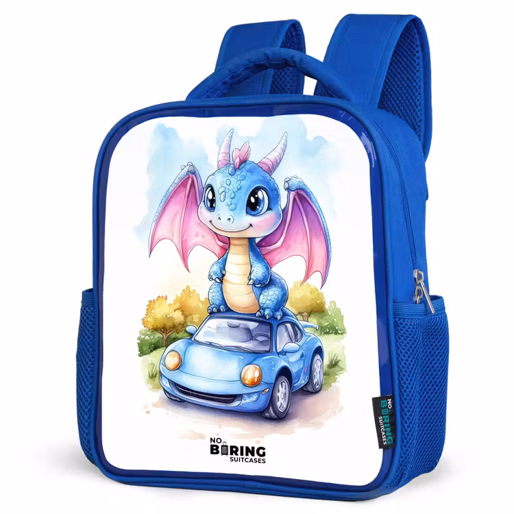 Kids backpack - Blue - Baby dragon on blue car in wooded landscape — 3