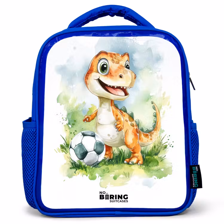 Kids backpack - Blue - Dino with soccer in colorful field — 1