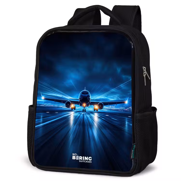 Kids backpack - Black - Airplane taking off in futuristic nightscape — 4